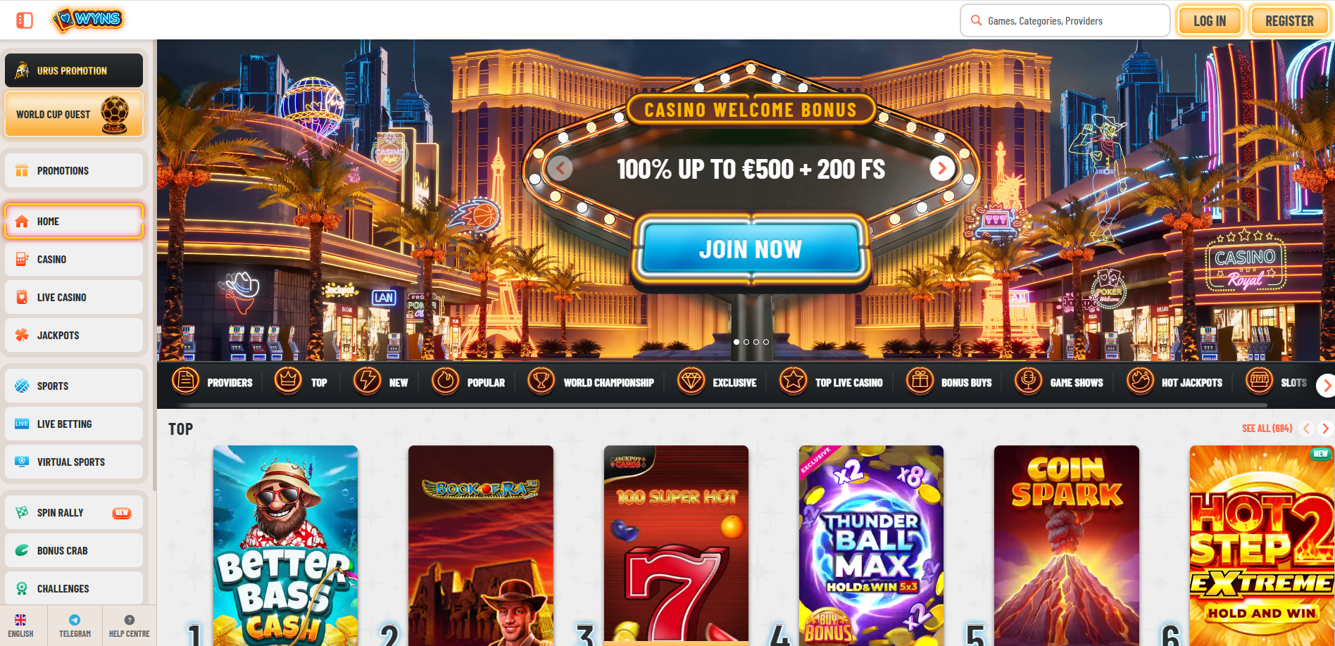 Wyns Casino homepage overview